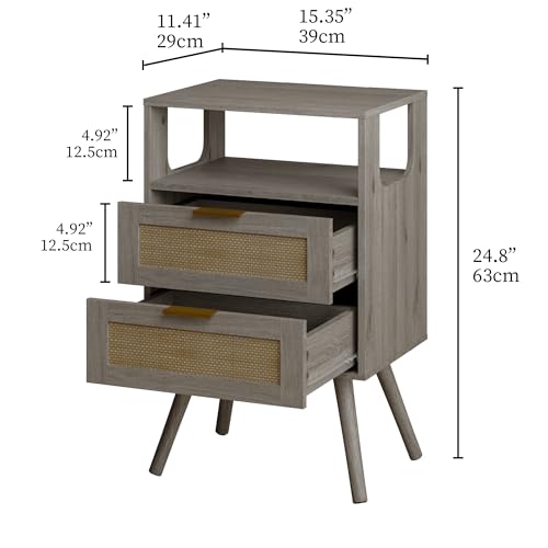 Image of JOONEE Rattan Nightstand,Farmhouse Bedside Table with 2 Storage Drawer and Open Wood Shelf, for Bedroom and Small Spaces,Night Stand with Solid Wood Legs (Grey Oak)