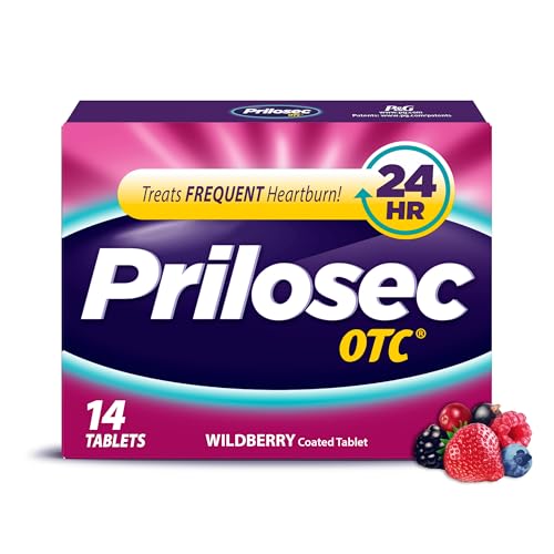 Prilosec OTC, Omeprazole Delayed Release 20mg, Acid Reducer, Treats Frequent Heartburn for 24 Hour Relief, All Day, All Night*, Heartburn Medicine, 20mg, Wildberry Flavor, 14 Tablets