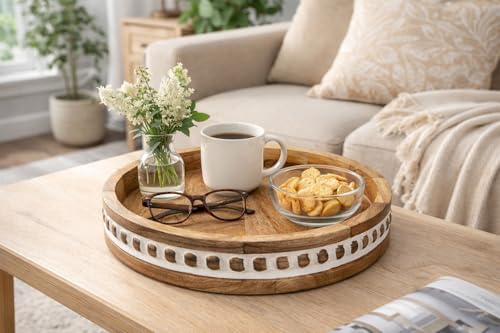 Image of Premium Round Wooden Tray for Table Decor & Serving | Mango Wood Coffee & Snack Tray for Dining & Living Room, Decorative Round Platter for Home 12 inches