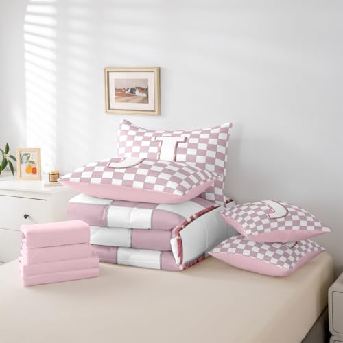 Image of Erosebridal Pink Initial J Full Bed in A Bag 7 Piece Kawaii Plaid Checkered Comforter Set with Sheets Cute Personalized Monogram Bedding Sets for Kids Girls Teen Women,Fashion Grids Gingham Bed Set