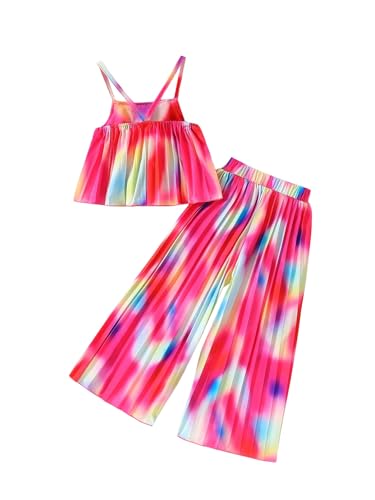 Image of RoseSeek Girl's 2 Piece Boho Cute Outfits Pleated Spaghetti Strap Camisoles Elastic Waist Wide Leg Pants Sets