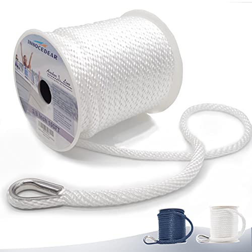 INNOCEDEAR Anchor Rope Braided Anchor Line(White, 3/8" x 100') Premium Solid Braid MFP Boat Rope with Stainless Steel Thimble, Quality Marine Rope, Boat Accessories