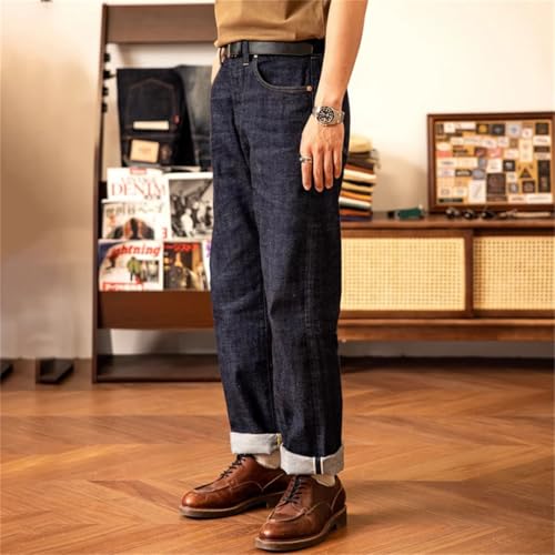 Men’S Vintage Loose Fit Straight Selvedge Cotton Full Length Jeans Button Fly High Waist Midweight Daily Wear Pants3