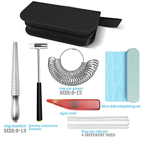 Ring Sizer Measuring Tool Kit,Including Ring Sizer Mandrel, Finger Sizing Guage, Restoration Hammer, Cleaning Cloth, Ring Sizer Adjuster,Buffing Bars And Polishing Agate,For Jewelry Making (Black) #TOP1