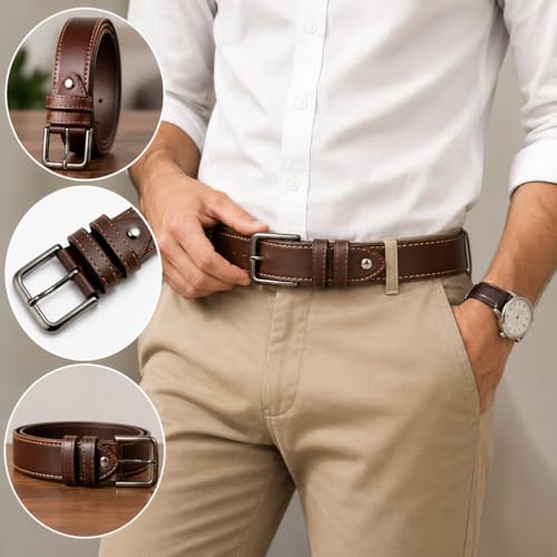 Image of Men's Leather Belt, Black, Silver-Tone Buckle, Stitched Edges, Formal Dress Style