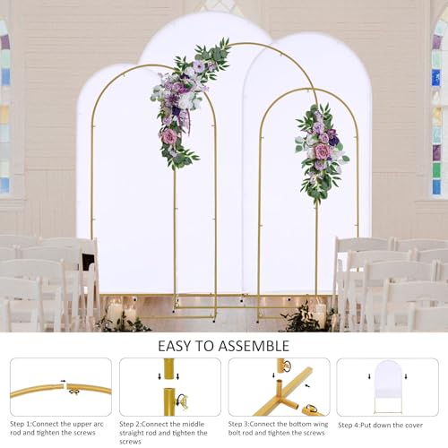 Image of Wedding Arch Backdrop Stand and Cover Set of 6, Backdrop Arch Cover Set | 7.2FT /6.6FT /5.9FT Metal Arch Stand With White Spandex Cover for Wedding Baby Shower Graduation Event Birthday Backdrop
