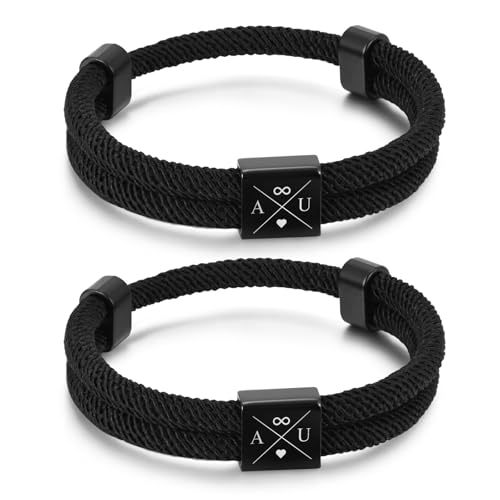 Partner Armbänder mit Gravur Personalisierte Geschenke – Jahrestag Geschenk für Sie Ihn Partnerarmbänder mit Namen Buchstabe Verstellbarer Personalisiert Armbänder für Paare Geburtstag (Schwarz#2)