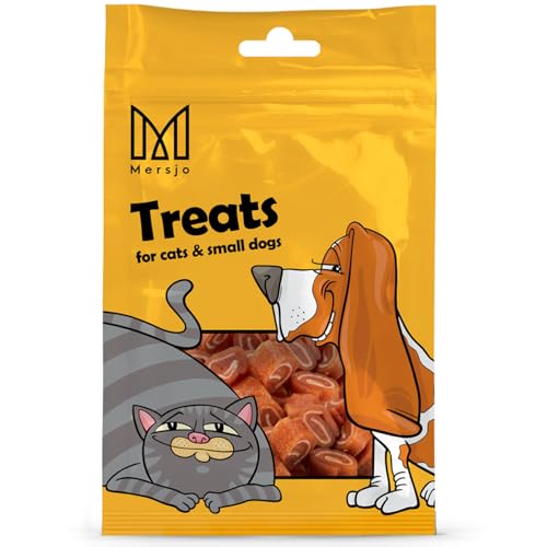 MERSJO Katzenleckerli - 92% Hoher Fleischanteil, Keine Zusatzstoffe, Getreide- und Zuckerfrei, Leckereien für Katzen und Hunde zur täglichen Ergänzung, Sushi mit Ente und Kabeljau, 10x50g