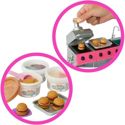 Close-up of Barbie Dream Camper's BBQ grill with dough burgers and color-change feature.