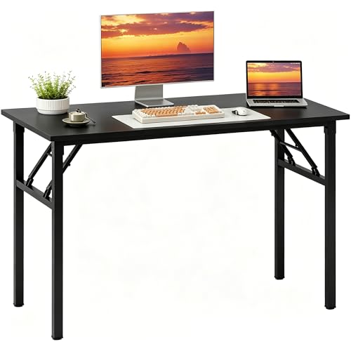 Image of Need Office Computer Desk 47.2x23.6 in Sturdy Folding Laptop Table Black | Black Frame Writing Gaming Work Table /Foldable Home Office Desk /Sewing Table, No Assembly Required
