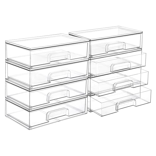 Vtopmart 12.1''W Clear Stackable Storage Drawers,8 Pack Acrylic Plastic Organizers Bins for Makeup Palettes, Cosmetics and Beauty Supplies,Ideal for Vanity, Bathroom,Cabinet,Desk Organization