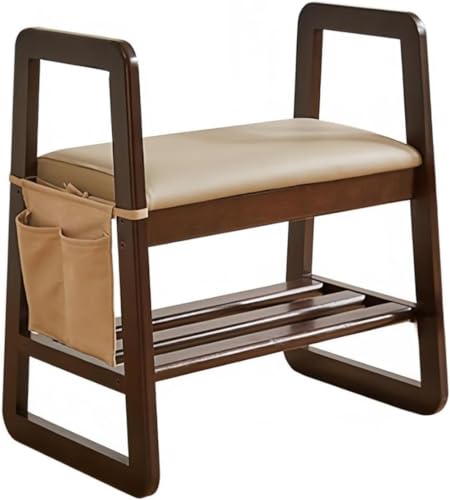HeartTrend 玄関ベンチ シニア向け 腰置き 靴収納 天然木 棚付き サポートチェア ステップ コンパクト 肘掛け 介護用椅子 省スペース 簡単組み立て (ベージュ)