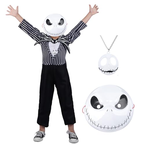 yumcute 3 PCS Jack Costume Kids Boys Skeleton Mask Necklace Skeleton Jumpsuit Cosplay Outfits Suit Fancy Dress Halloween Costumes for Kids