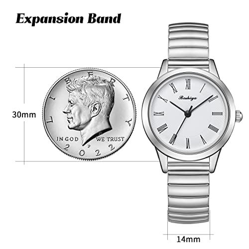 Boshiya Women's Stretch Band Watch Silver, Analog Easy Read Roman Numerals Dial Expansion Stainless Steel Band Wristwatch For Women Ladies, For Mothers Day #TOP2