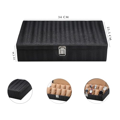 Image of 12 Slot Watch Box Organizer for Men & Women | Premium PU Leather Watch Storage Case with Inner Lid Pocket | Royal Black & Cream Watch Holder for 12 Watches