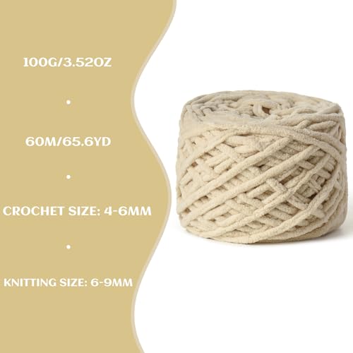 Image of 3 Pack Fluffy Chenille Chunky Yarn for Crocheting 100g(65.6yd) - Baby Yarn for Crocheting Soft - Velvet Yarns for Crochet Blanket - Amigurumi Crochet Yarns (Beige)