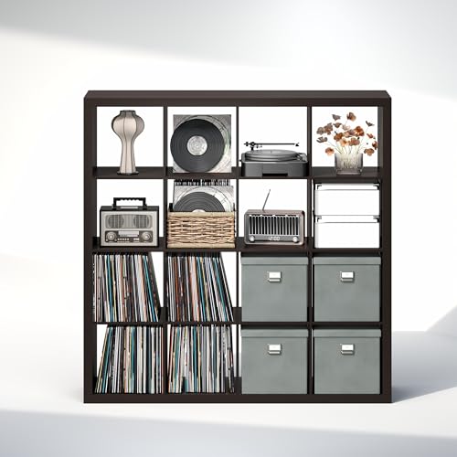 Image of Furinno Cubicle Record Player Stand, 16-Cube Record Storage, Dark Oak | Vinyl Storage, 1.68 inchInch Triple Thick, Open Back Media Shelf for CD DVD Bluray Game Disc, for Living Room, Home Office