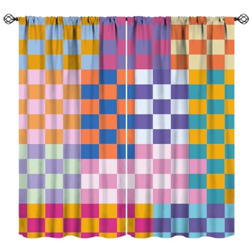 JanJCurt Colorful Plaid Curtains, Abstract Modern Rainbow Retro Groovy Curtain 1970s Checkered Geometric Print Window Drapes for Kids Bedroom Living Room, 42x45 Inch (No Blackout)