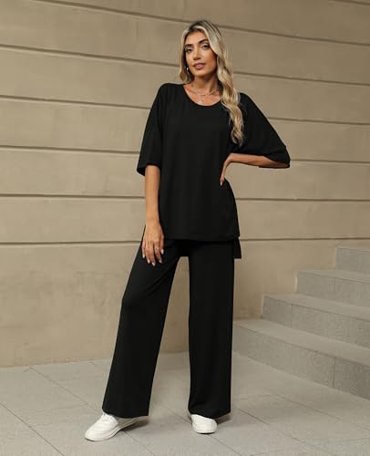 KevaMolly 2 Piece Lounge Set for Women Postpartum Oversized Tops and Wide Leg Pants Soft Comfy Pajamas Set 2 Piece Outfits2