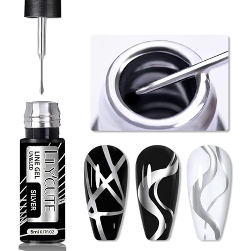 MrCuvaryas Silber Gel Nagellack Liner Nail Art, Metallisch Glitzer UV Nagellack, Gelnägel Farben For French Fineliner, Farbe Gel Polish für Nageldesign Frauen Home Maniküre Geschenke (Silver, S-5ml)