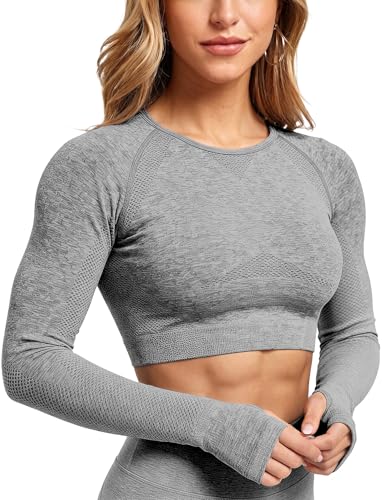 FITTOO Women Seamless Workout Crop Tops Long Sleeve (Grey L)