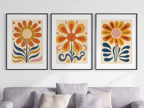 Image of Retro Groovy Flowers Wall Art Set of 3 Unframed Poster Prints, Modern Abstract Floral Design, Lounge Bedroom Kitchen Posters Home Decor, Flower Market Vibrant 60s 70s, Orange Yellow Blue (A4)