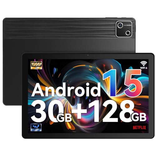 Tablet, 10 inch tablet Android 15 with Octa-core Processor, 30GB+128GB+1TB Expand, 6200mAh, 15W Fast Charge, 1280x800 HD IPS Screen, WiFi 6, BT 5.4, Dual Camera, Widevine L1 support, GMS Certified
