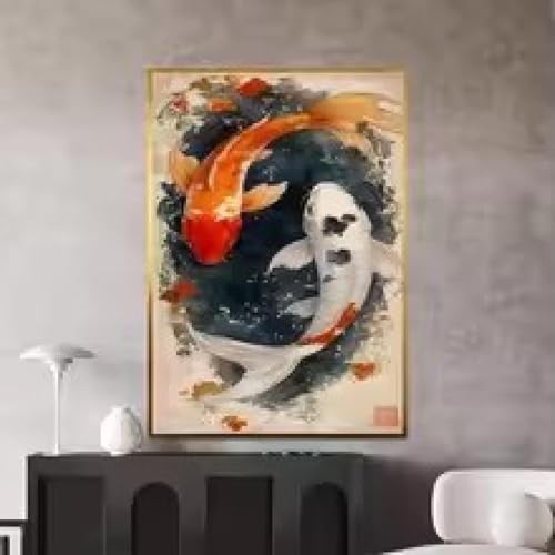 Toile carpe koi yin yang décoration feng shui zen pour grand salon et bureau moderne
