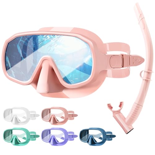 KLERICER Snorkeling Gear for Adults, Snorkel Set Adults with 180°Tempered Glass, Anti-Fog Frameless Snorkel Mask Set, Adjustable Snorkeling Mask for Snorkel Scuba Diving Swimming Travel (Pink)