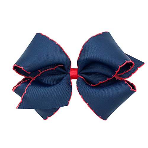 Wee Ones Girls' Classic Grosgrain Moonstitch Edge Hair Bow, No-Slip Hair Clip, Handmade, Navy with Red, King