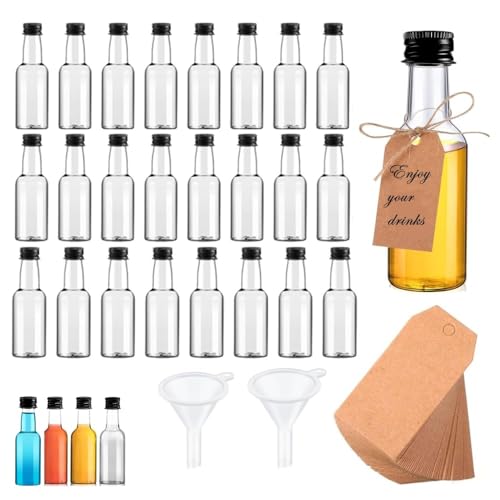 JOZMMZEOOA 24 Pièces Mini Bouteille Shot 50 ML, Fiole Alcool Plastique Transparent avec 2 Entonnoir en Bouchon Vis Noir pour Les Voyages Fêtes