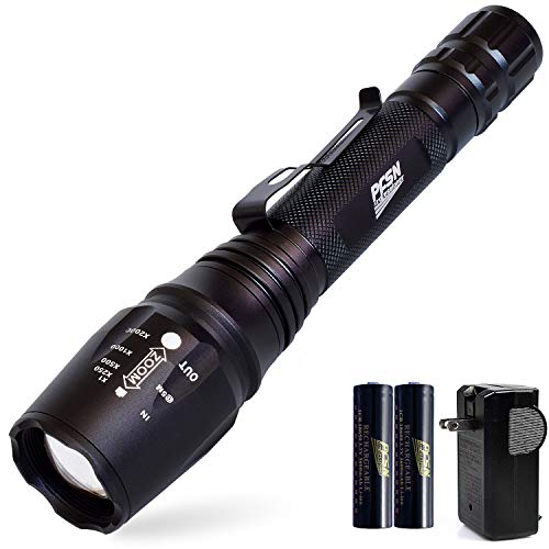 PFSN 6000 k High Lumen Tactical LED Flashlight 5 Modes Rechargeable Flash Light Waterproof Torch Zoomable Lamp with 18650 Battery and Charger Best for Camping Working Hunting Fishing Walking