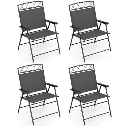 Image of Giantex Set of 4 Patio Folding Chairs, Outdoor Dining Chairs for Camping, Beach, Backyard, Deck, Portable Dining Chair w /Armrest and Metal Frame, Gray