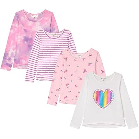 Girls Long Sleeve Fall Graphic Tops, School & Sports Tees, 4 Pack Multiple Pattern Tshirts Ivory Cover