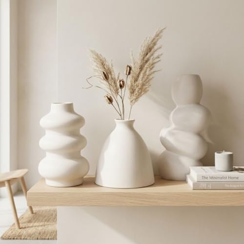 Image of Ceramic Vase Set of 3 | Nordic Minimalist Bubble & Bottle Design Decorative Flower Vases | Matte White Home Decor for Living Room, Table, Shelf, Office | Pampas & Dried Flower Vase