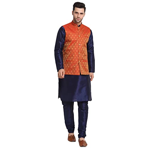 Image of KRAFT INDIA Mens Gold Silk Blend Kurta and Churidar Set With Jacquard Paisley Nehru Jacket