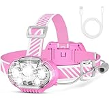 MIOISY Rechargeable Headlamp, High Lumen Bright 5 LED Head Lamp with Red White Light,IPX4 Waterproof Headlight,8 Mode Head Flashlight for Outdoor Running Hunting Fishing Hiking Camping Gear-Pink