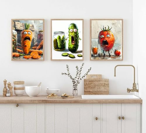 Funny Kitchen Canvas Wall Art Set of 3 Whimsical Pickle Wall Decor Pictures Cute Cool Vegetable Food Modern Aesthetic Posters Prints for Dining Room Decoration 16x24in Unframed by ZCBS - Used condition - Image 2