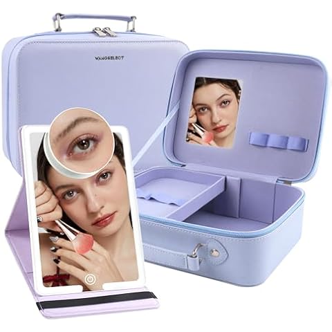 WangSelect Travel Makeup Case Partitionable Cosmetic Bag with Portable Ultra Thin Lighted Mirror Professional Cosmetic Artist Organizer Purple Cover