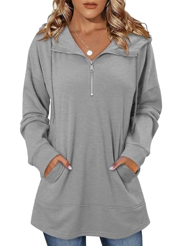 onlypuff Women Hoodie Pullover Trendy Quarter Zipper Lapel Sweatshirts Drawstring Cute Hooded Tunic Tops with Side Pockets