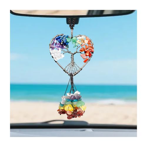 Norkmdi Tree of Life Car Mirror Hanging Accessories, Boho Chakra Crystal Healing Stones Rear View Mirror Ornament, Lucky Stone Tree Auto Rearview Swing Decor, Universal for SUV RV Truck (Heart)