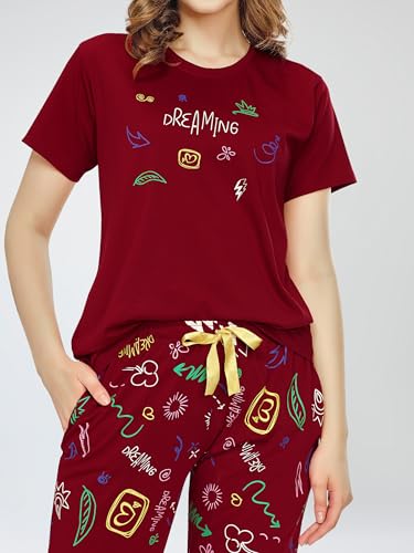 Image of ZEYO Night Suit for Women's Printed Cotton Night Dress of Top and Pajama Set 5774
