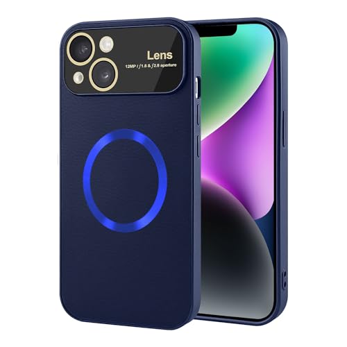 Image of Vaku Luxos Premium Polarized Leather Back Cover for iPhone 14 Texture Full Lens Protection Silicon Case Scratch Resistant Slim Thin Compatible with Mag-Safe - Blue