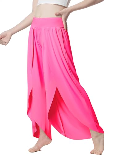Image of EXARUS Girls Flowy Pants Summer Dance Palazzo Wide Leg Trousers Teen | Tween Split Trousers Elastic High Waisted Vacation Casual Beach Bottoms Youth Front Slit Junior Kids Size 6-12Y