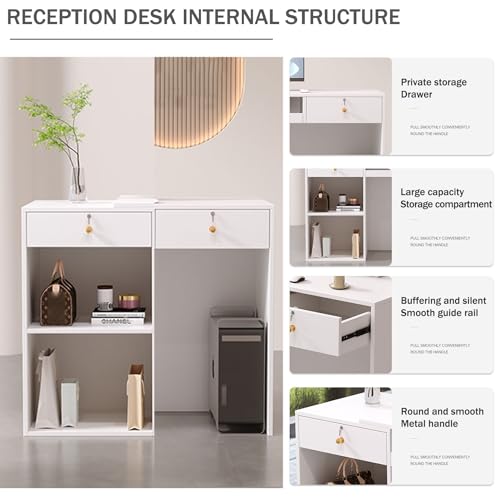 Nowoczesne biurko recepcyjne LED - stylowy stolik detaliczny do salonu w holu frontowego biura - białe wykończenie lastryko unikalny kaktus design współczesne meble