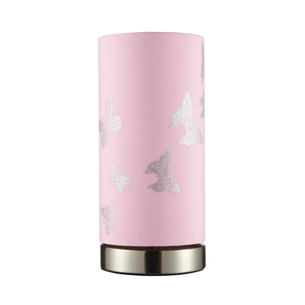 LITECRAFT Glow Butterfly Table Lamp Child's LED with Pink Shade - Satin Chrome