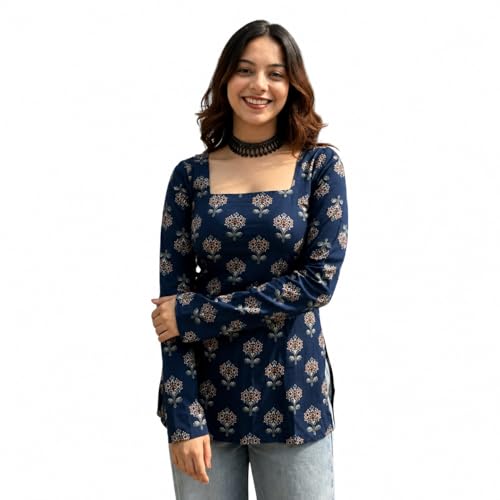 Image of Women Printed Square Neck Top | Stylish Full Sleeve Casual Tunic Top for Women & Girls | Trendy Regular Fit Top