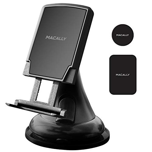 Macally Magnetic Car Phone Holder for Dashboard or Windshield-Strong Magnet and Secure Suction Cup-Universal Fit for All Smartphones, MP3s and GPS Devices, Black (MGRIPMAG)