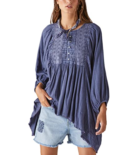 Tunique en dentelle Lucky Brand anti-froissement - Blouse fluide bleu nuit XS