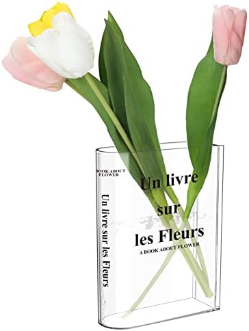Foxmey Book Vase for Flowers, Acrylic Clear Book Vase, Book Shape Vases for Tulips, Transparent Book Vase for Bedroom Table Decoration Living Room Office, Book Shape Flower Vase Minimalist